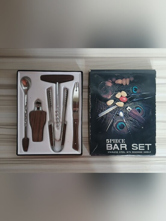 Other - Vtg Mid-Century Modern Stainless Steel Rosewood 5 Piece Bar Set in Box Japan
